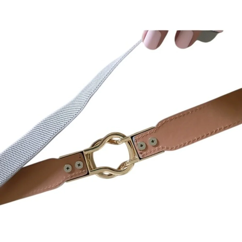 Womens Grey Elastic‎ Waist Cinch Belt Gold Interlocking Infinity Buckle 29 Inch